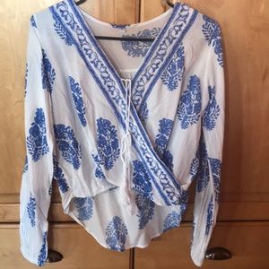Blue and White Boho criss cross tassel top